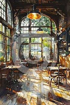 A painting of a restaurant with lots of windows and tables, AI