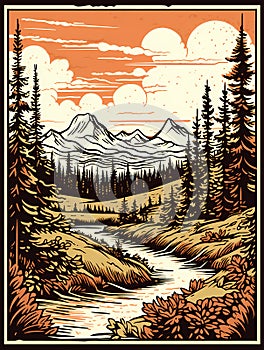 A Painting Of A River Running Through A Forest, Denali National Park and Preserve