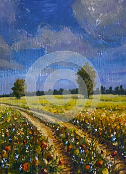 painting Road in a yellow field with red wildflowers. Artist illustration