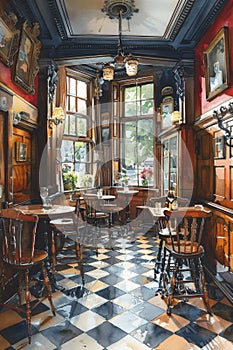 A painting of a room with checkered floors and tables, AI