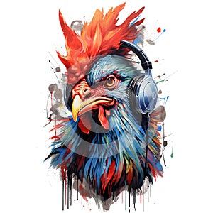Painting rooster head wear headphones on a clean background. Png for Sublimation Printing, Hip hop style, Printable art,