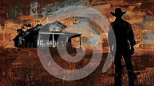 A painting of a rugged cowboy silhouetted against a dilapidated mansion symbolizing the fragility of the settlers