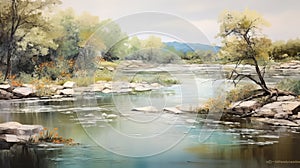 Vintage Oil Painting Of River Nature: Photo-realistic Landscapes In Soft Realism photo