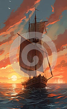 A painting of a sailboat in the ocean at sunset, concept art. AI generated