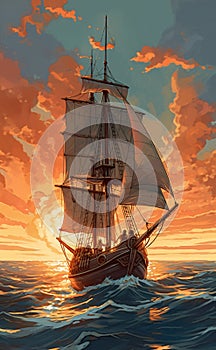A painting of a sailboat in the ocean at sunset, concept art. AI generated