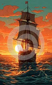 A painting of a sailboat in the ocean at sunset, concept art. AI generated