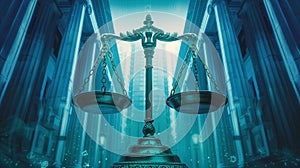 A painting of the scales of justice in front of a building, symbolizing fairness and lawfulness.