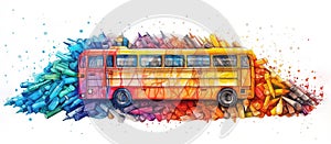 A painting of a school bus with a pile of coloe crayons. AI generative image