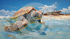 a painting of a sea turtle swimming in the ocean with a ship in the background. generative ai