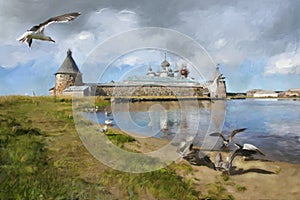 Painting seagulls, mews, monastery of Solovki photo