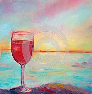 Painting with a seascape and a glass of red wine