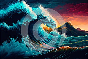Painting seascape sea wave retrowave, creative digital illustration painting