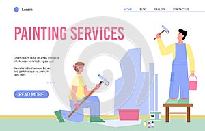 Painting services web page with working craftsmen cartoon vector illustration.