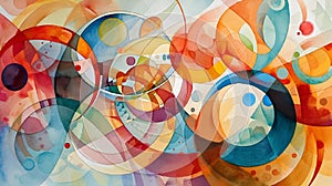 a painting of several circles and dots and an orange blue green