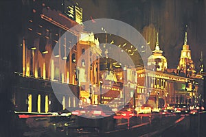 Painting of Shanghai The Bund at night