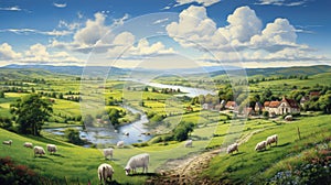A painting of sheep grazing on a green hillside, AI