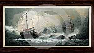 Painting of a Ship Battling Rough Seas. Generative AI