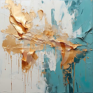 Painting showcases a textured masterpiece created with thick blue and gold paint using a knife style technique.