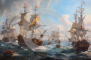 A painting showcasing a fleet of ships battling turbulent waves in the midst of a tempestuous sea, A historic naval battle scene photo