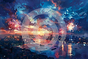 A painting showing colorful fireworks bursting in the night sky over a city, illuminating buildings