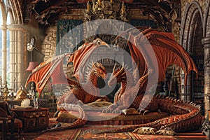 Painting showing two fierce red dragons sitting on a luxurious rug in a regal manner, A fantasy-inspired image of a royal family