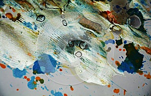 Painting silver dark watercolor orange blue wax vivid spots, abstract creative background