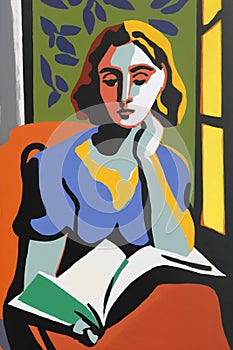 painting sitting girl reading a book in a contemplative position