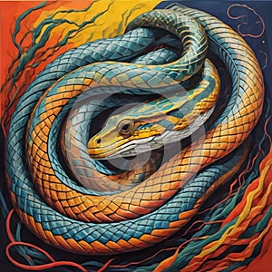 A painting of a snake curled up in a spiral. Beautiful picture of snak.