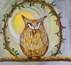 Painting of sneaky cunning brown owl on acrylic