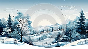A painting of a snowy landscape with trees and houses. Generative AI image.