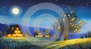 A painting of a snowy night with a tree and houses in the fir trees decorated with shining stars, snowfall, glowing