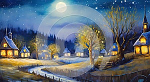 A painting of a snowy night with a tree and houses in the fir trees decorated with shining stars, snowfall, glowing