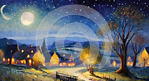 A painting of a snowy night with a tree and houses in the fir trees decorated with shining stars, snowfall, glowing
