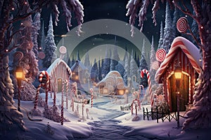 A painting of a snowy village at night