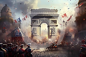 A painting of soldiers in front of a triumph. Bastille Day French National Day La Fte Nationale AI generation