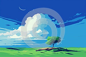 Painting of solitary tree standing in vast field. This artwork captures beauty and tranquility of nature. Perfect for ad