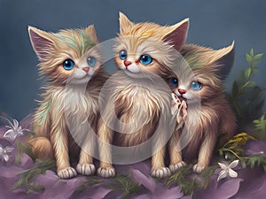 Painting of some beautiful adorable kittens cuddled up together in a cozy blanket generative AI