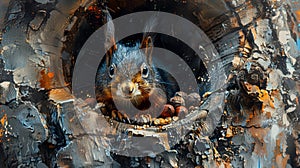 A painting of a squirrel peeks out from inside the hole, AI