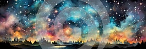 A painting of a starr filled sky over a mountain range. photo