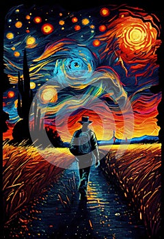 Painting, stars, man, walking, wheat field, starry night, moon, landscape, wallpaper, background, generative ai