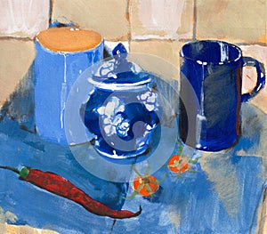 Painting. Still life with blue cups and pepper photo