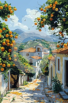 A painting of a street with orange trees and houses, AI