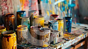 A painting studio with many paint cans on the table