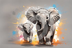 painting style illustration happy baby elephant with mother. ai generative