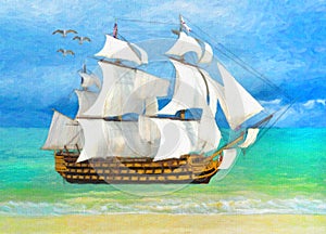 Painting style illustration of tall ship near beach