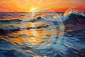 Painting, Sunset Over The Ocean - Tranquil Coastal Scene With Vibrant Colors, Reflection of a vibrant sunset onto an abstract,