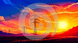 Painting of sunset with power lines in the foreground and mountain in the background. Generative AI