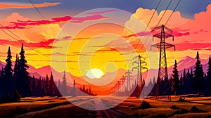 Painting of sunset with power lines in the foreground and trees in the background. Generative AI