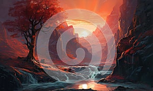 Painting of a sunset with a tree in the foreground and a body of water in a fairy tale style in red tones. AI generated, AI