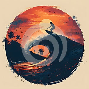 a painting of a surfer riding a wave at sunset